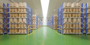 Interior of warehouse in logistic center.